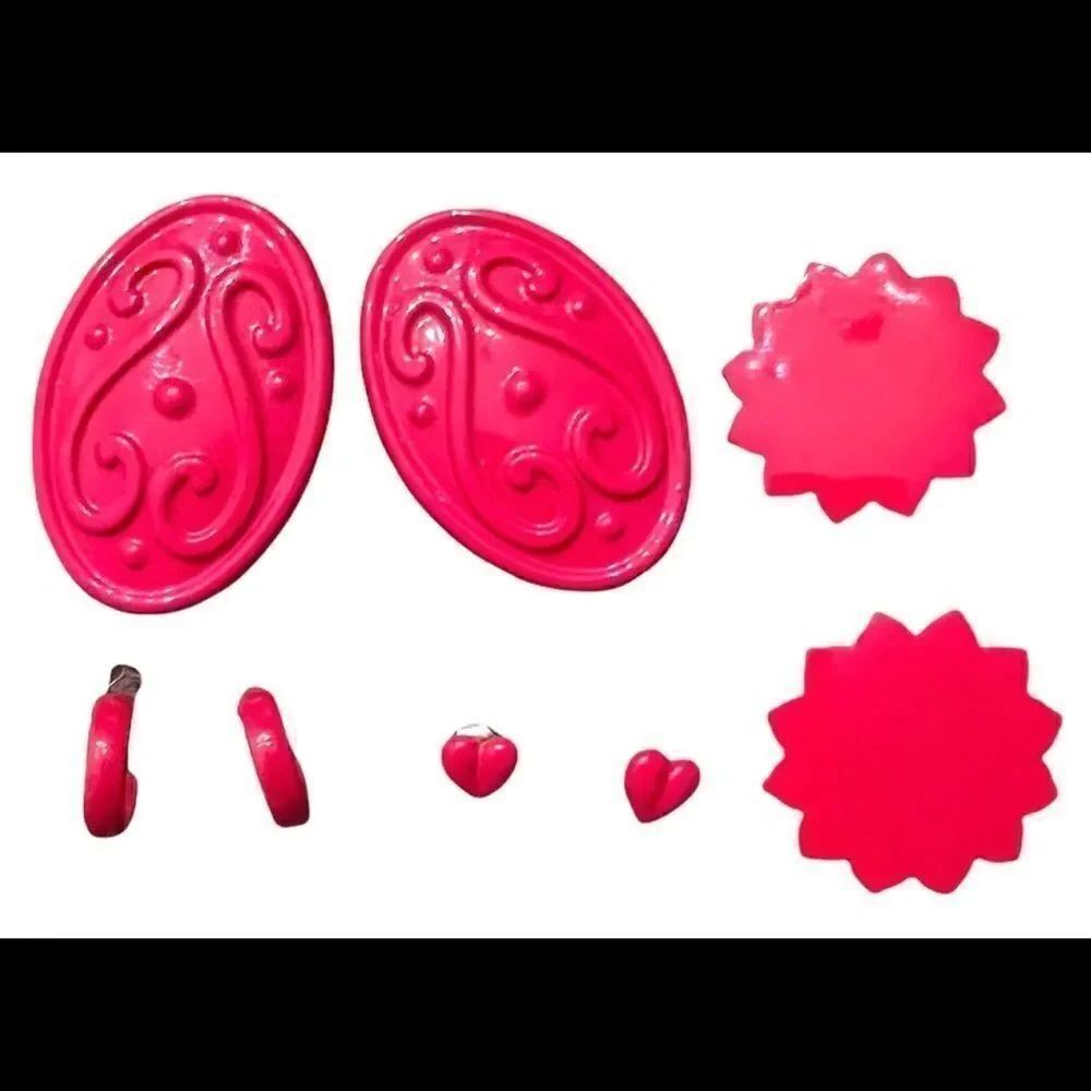 4 pair of red earrings hearts, hoops, oval swirls sunburst